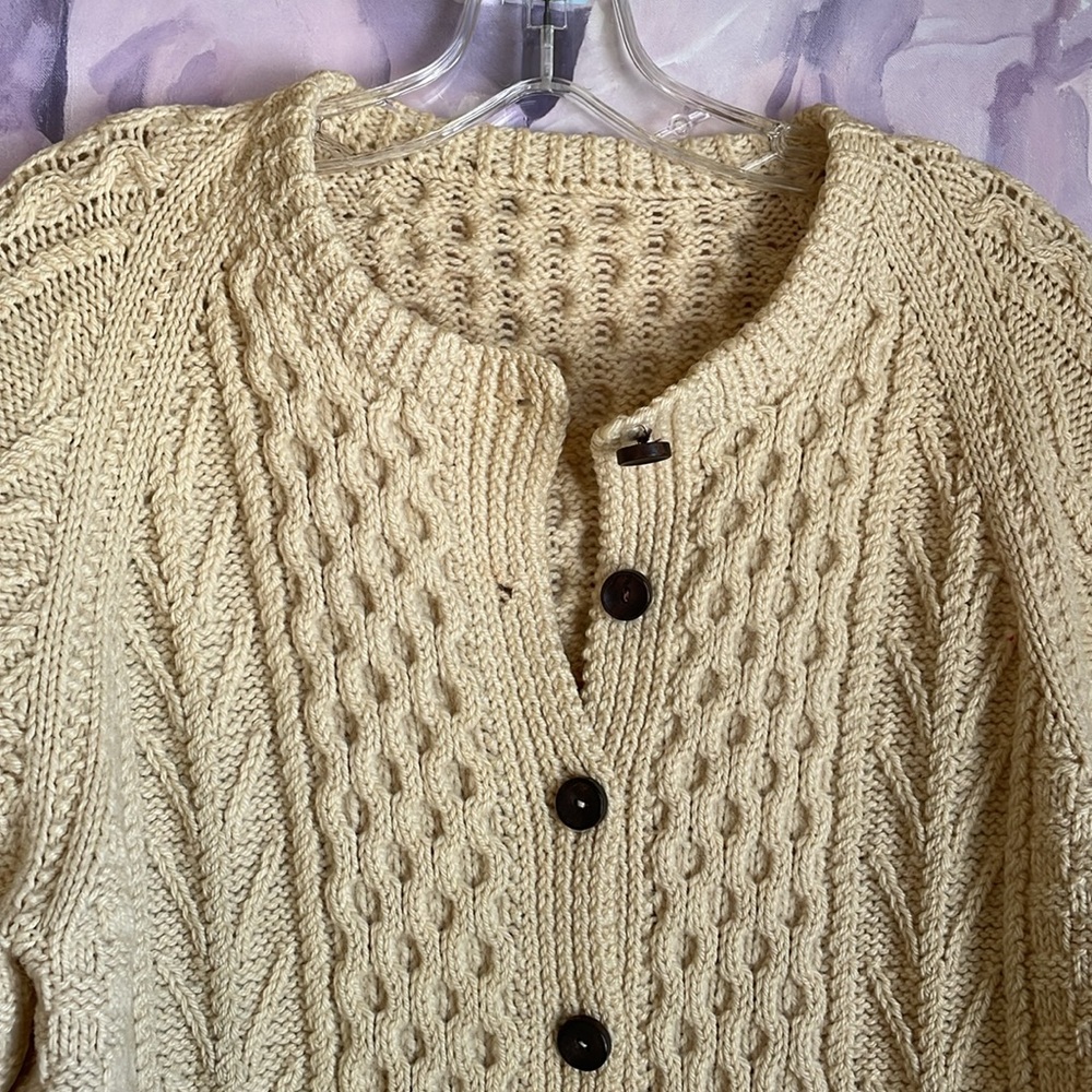 Classic Irish Fisherman Wool Cardigan Sweater Hand Knit GORGEOUS - Picture 7 of 8